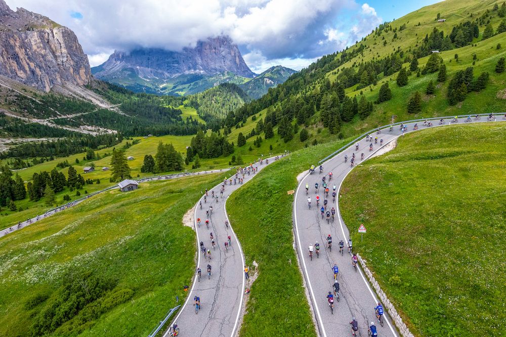  Nothing but cyclists climbing the beautiful Passo Gardena